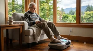 A senior man in a comfortable armchair, reading and smiling, with his feet resting on a leg circulation machine for blood flow improvement.