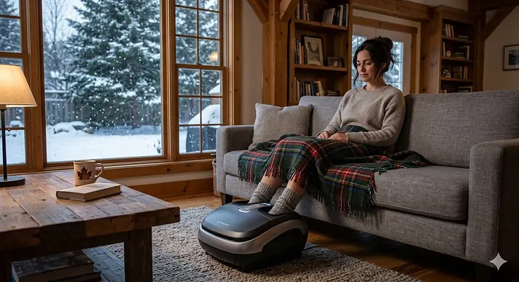 A person relaxing in a cozy Canadian living room using an electric foot massager for swollen feet during winter.