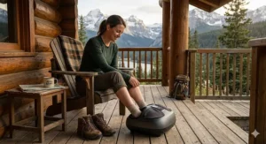 A Canadian hiker using a portable foot massager for swollen feet recovery after an outdoor trail hike.