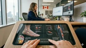 Medical-style illustration highlighting improved blood circulation and muscle relaxation benefits from using an under desk foot massager during long office hours.