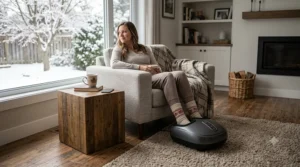 Illustration of a heated budget foot massager under $100, perfect for warming up feet during a cold Canadian winter.