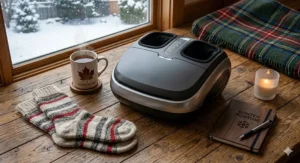 A heated foot massager for swollen feet paired with cozy winter essentials for Canadian home wellness.