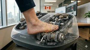 Graphic illustration showing a heated under desk foot massager warming feet during a cold Canadian winter work day at an office desk.