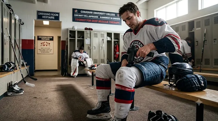 A Canadian hockey player using a recovery massager after practice.