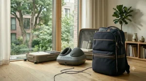 A traveler unwinding in a Canadian hotel room with a compact travel foot massager after a long day of sightseeing.