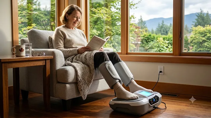 Senior woman relaxing and reading in a sunlit room, using an electronic leg circulation machine for improved blood flow.
