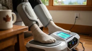 A detailed close-up of feet in socks resting on the textured electrical pads of a circulation machine, showing the digital interface.