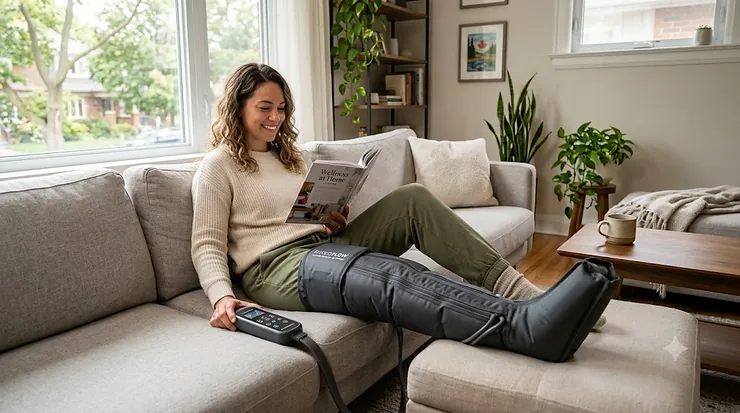 Personne utilisant un masseur de jambes de drainage lymphatique à la maison. lymphatic drainage leg massager