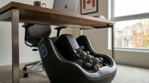 Portable calf massager for sore muscles being used at a home office desk. / Masseur de mollets portatif pour muscles endoloris utilisé à un bureau à domicile.