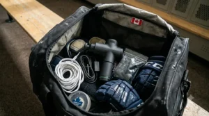 Portable recovery massager fitting in a hockey equipment bag.