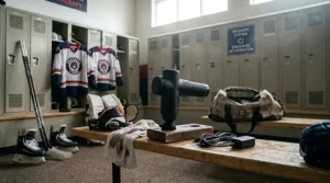 Hockey player using a massager in a Canadian locker room.