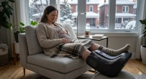A pregnant woman using a compression foot massager for swollen feet to reduce pregnancy-related edema.