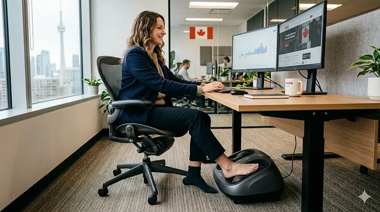 Premium under desk foot massager in a modern Canadian corporate office setting, being used by a professional worker during a winter work day.