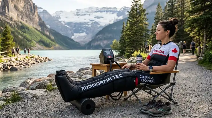 Athlete using recovery boots for muscle recuperation.