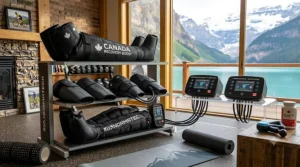 Recovery boots for athletes displayed in a fitness facility.