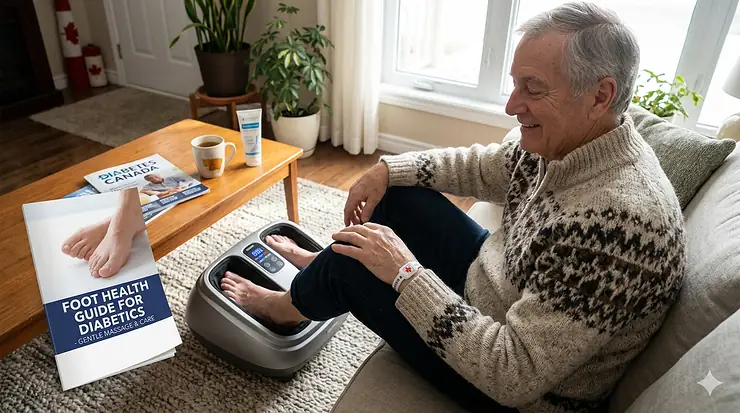 Safe oscillating foot massager for diabetics, promoting circulation. / Masseur de pieds pour diabétiques.