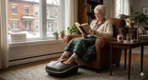 An elderly Canadian using a heated foot massager for swollen feet to improve daily blood circulation at home.