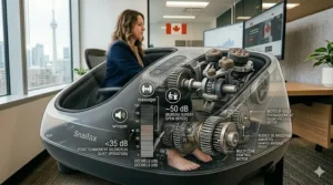 Digital illustration of the easy-to-use remote control for an under desk foot massager, optimized with intuitive icons for English and French Canadian users.
