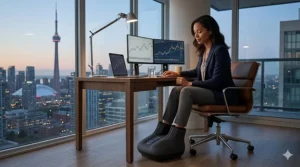 An office professional using an under-desk foot massager for swollen feet relief during the workday.