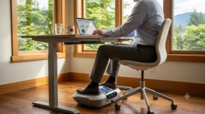 An office worker in business attire using a compact leg circulation machine beneath their desk to prevent sedentary leg stiffness.