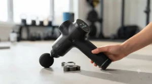 Athlete using a recovery gun to soothe muscles after an intense training session.
