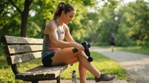 Runner using a high-impact massage gun on leg muscles after a park workout.