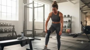 Athlete using a deep tissue massage gun to warm up muscles at the gym.