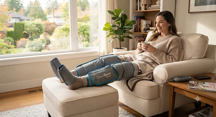 Woman relaxing with a leg massager for varicose veins to improve circulation.