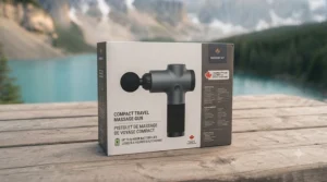 Illustration of the travel massage gun packaging featuring English and French text for the Canadian market.