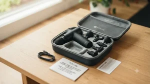 Unboxed compact percussion massager under $100 CAD displaying interchangeable massage heads and a travel case for Canadians on the go.