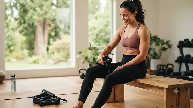 A sleek compact percussion massager under $100 CAD resting on a wooden table, showcasing portable muscle recovery for fitness enthusiasts across Canada.