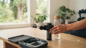 Close-up of LED speed settings on a compact percussion massager under $100 CAD, highlighting customizable vibration levels for home wellness routines.