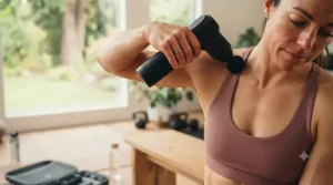 A compact percussion massager under $100 CAD packed inside a gym bag alongside winter fitness gear for active lifestyles from Toronto to Vancouver.