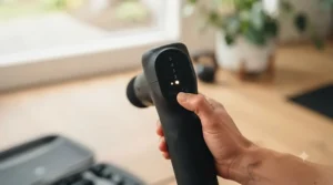 A compact percussion massager under $100 CAD plugged into a USB-C charger, representing long-lasting battery life for daily use across Canadian households.