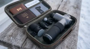 Compact and lightweight massage gun for cold Canadian winters packed for a weekend getaway.