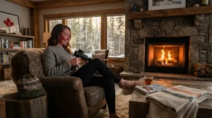 Person relaxing by a fireplace using a massage gun for cold Canadian winters at home.