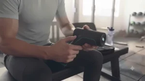 Ergonomic design of a handheld massage gun for easy reach.