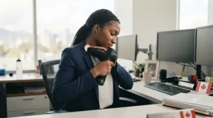 Office worker using percussion massager for neck tension.
