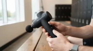 Close-up technical illustration of the ergonomic handle and multi-speed settings on a compact massage gun designed for everyday gym use.