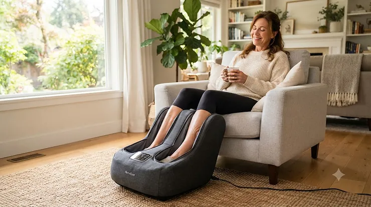 Person relaxing with a foot and calf massager combo at home.