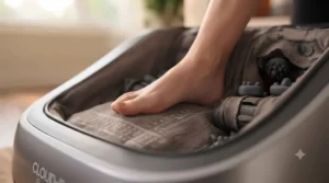 Size guide illustration showing how to choose a foot massager that fits various Canadian footwear sizes.