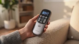 Close-up of a user-friendly remote control for adjusting massage modes without bending over.