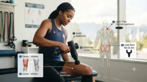 Illustration of full-body use of percussion massager.
