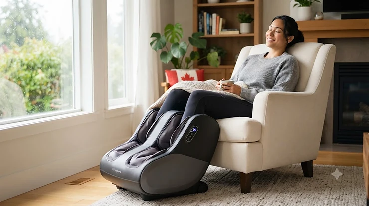 Person relaxing at home using a full leg and foot massager. Une personne se détend à la maison avec un masseur complet pour jambes et pieds.