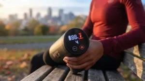 Close-up of the digital LED battery and heat indicator screen on a modern cordless heated massage gun.
