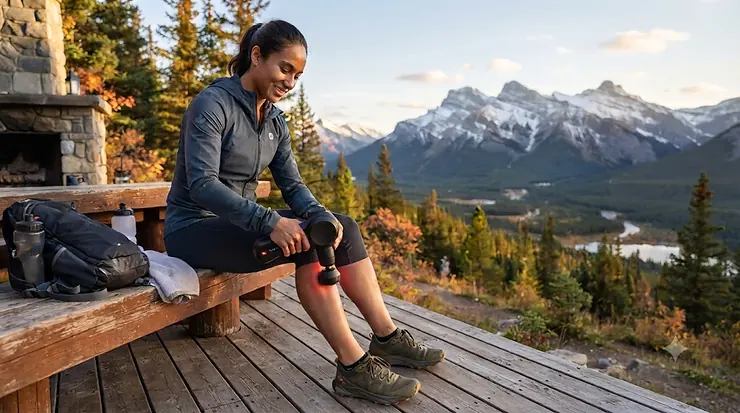 Ergonomic heated massage gun being used for post-workout muscle recovery after a winter hike in Canada, blending heat and percussive therapy.