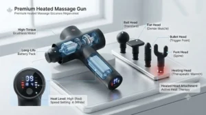Diagram highlighting the adjustable heat levels and speed settings on a premium heated massage gun for Canadian athletes.