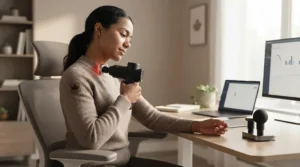 Office professional targeting shoulder tension with a lightweight heated massage gun during a remote work break in Toronto.