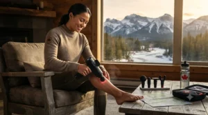 Athlete using a portable heated massage gun to relieve tight calves and quads in a ski chalet in British Columbia.