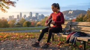 Fitness enthusiast using a heated massage gun to activate muscle groups before an outdoor running session in Montreal.